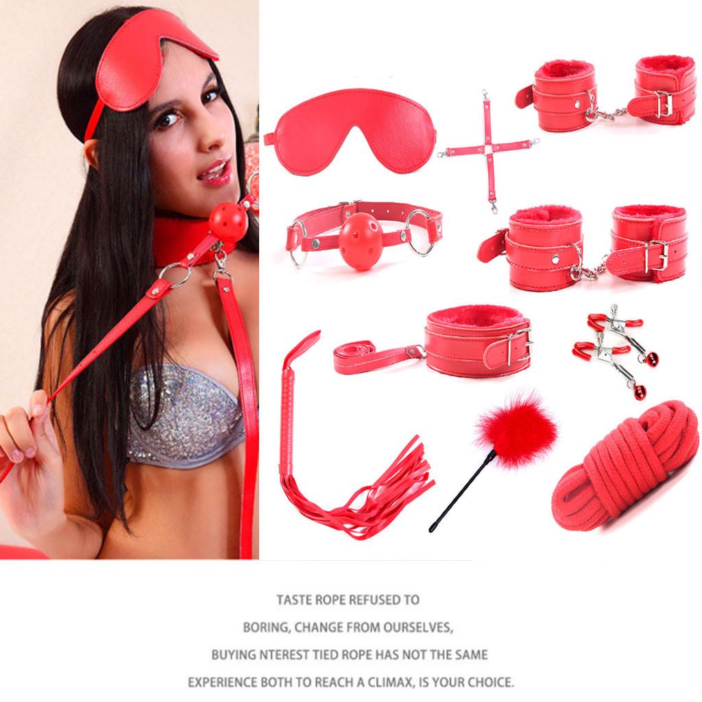 BDSM Sex Bondage Restraint Kit 10 Pieces -Red