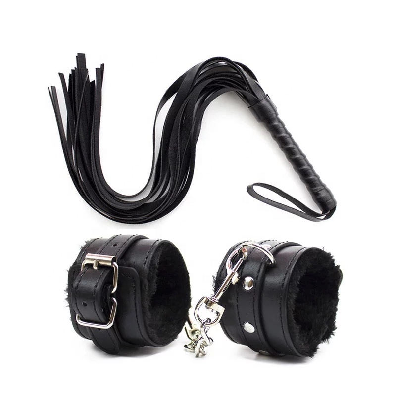 Female Sex Games Leather Whip Flogger Plush Sex Handcuffs Bondage-Black