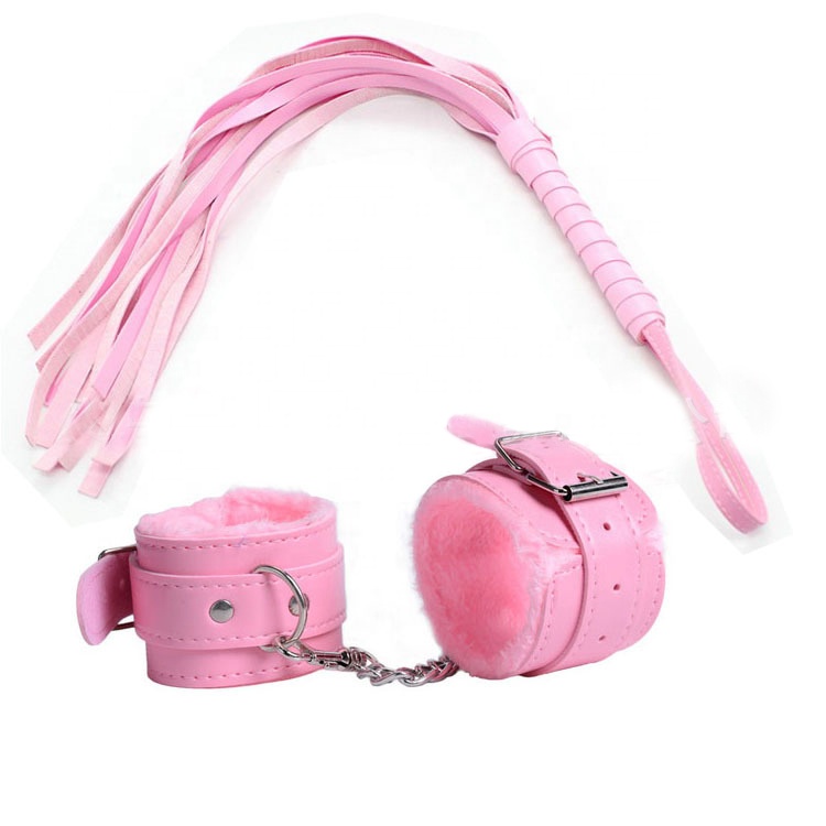 Girls Sex Games Leather Whip Flogger Plush Sex Handcuffs Bondage-Pink