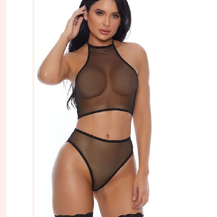 LACK NET SEE THROUGH SHEER MESH LINGERIE SET